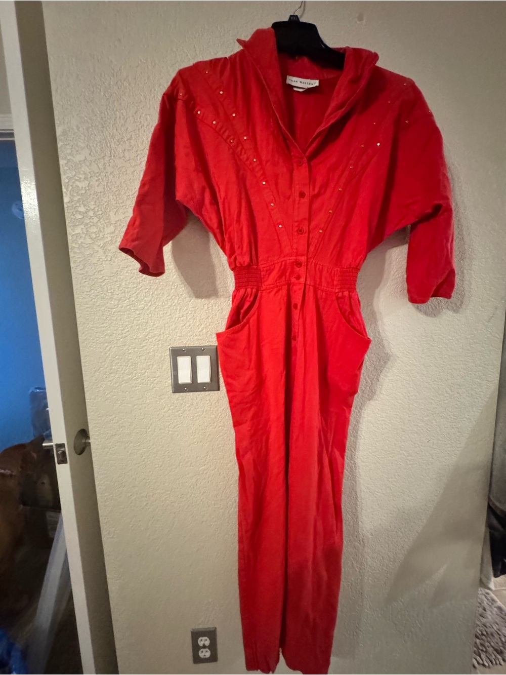 Vintage Red Button-Front Jumpsuit with Embellished Yoke